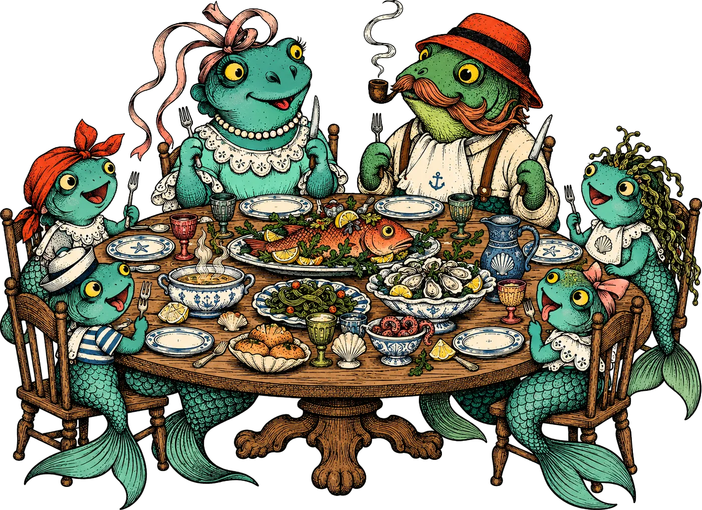 A family of merfolk fish gathered around a dinner table