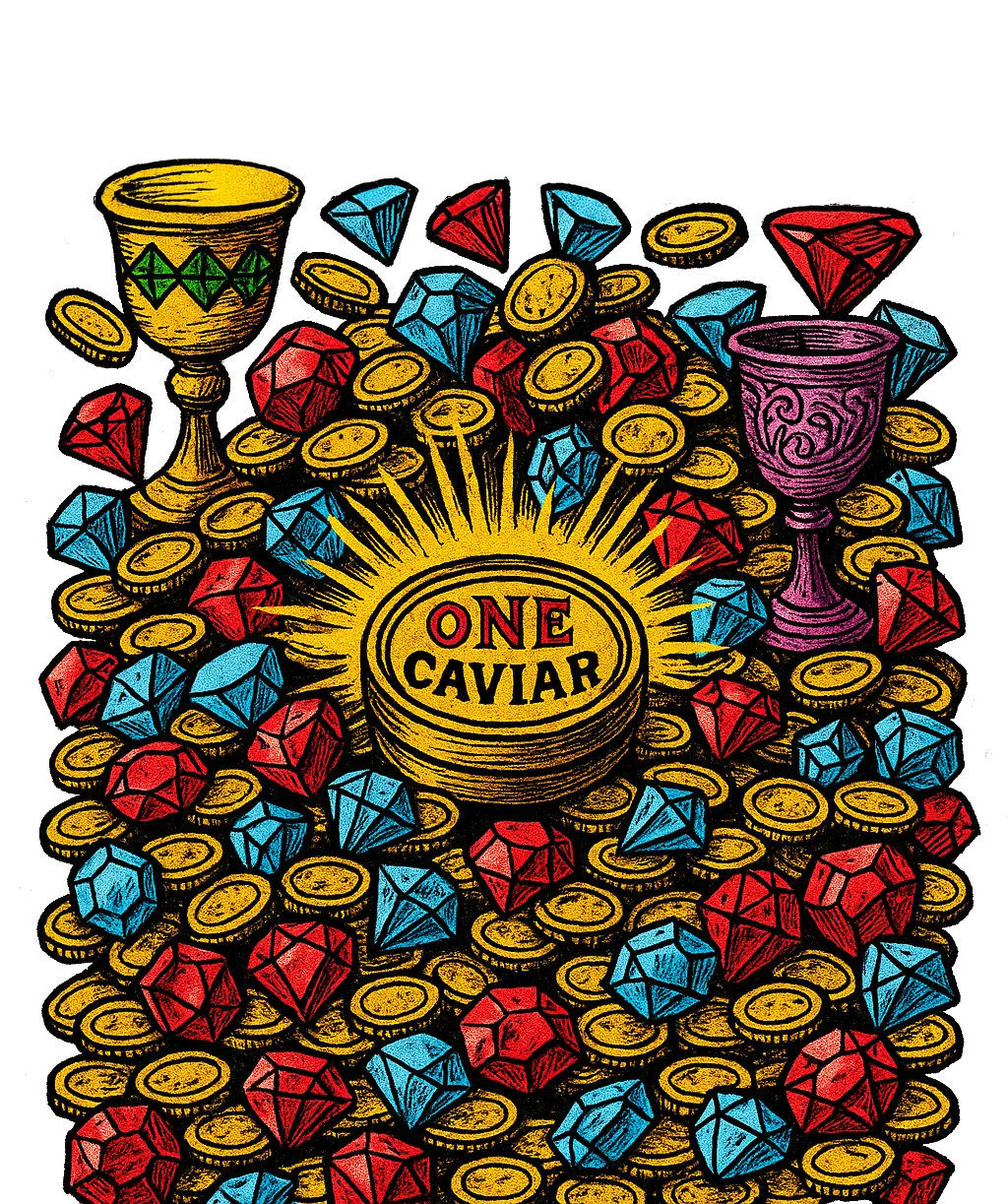A tin of One Caviar on a mountain of gold coins, rubies and sapphires