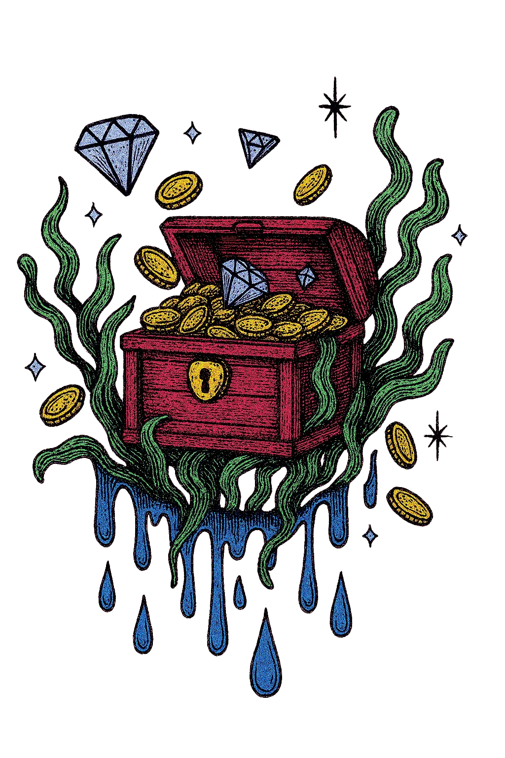 The chest, open and overflowing with gold and gems